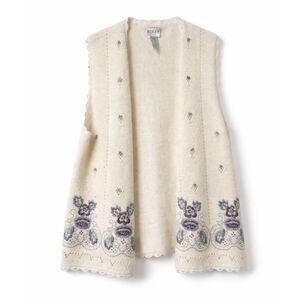 Vintage Whimsy Floral Embroidered Knit Vest Cottagecore Lace Trim Soft Cream S